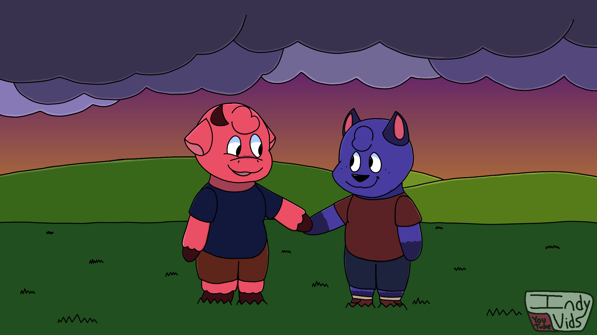A young anthropomorphic goat and dog holding hands, with a cloudy sunset facing behind them.