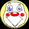 An image of a weirdly smiling clown on a black background.