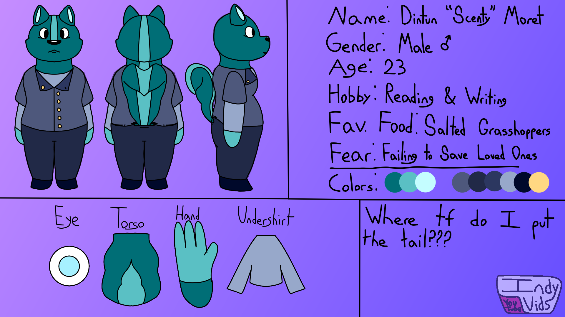 A reference sheet for a tall and bulky anthropomorphic skunk, with info beside him.