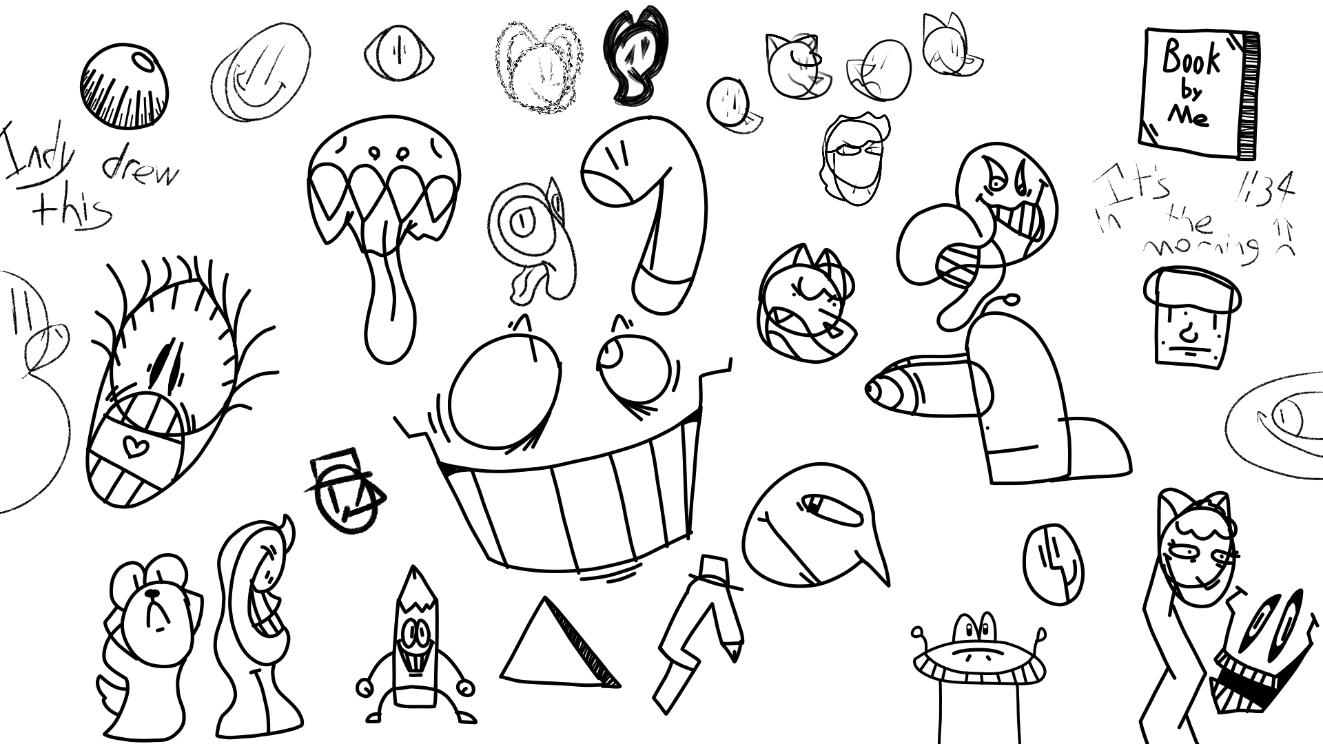 A wide array of sketches, most of which are facial expressions.
