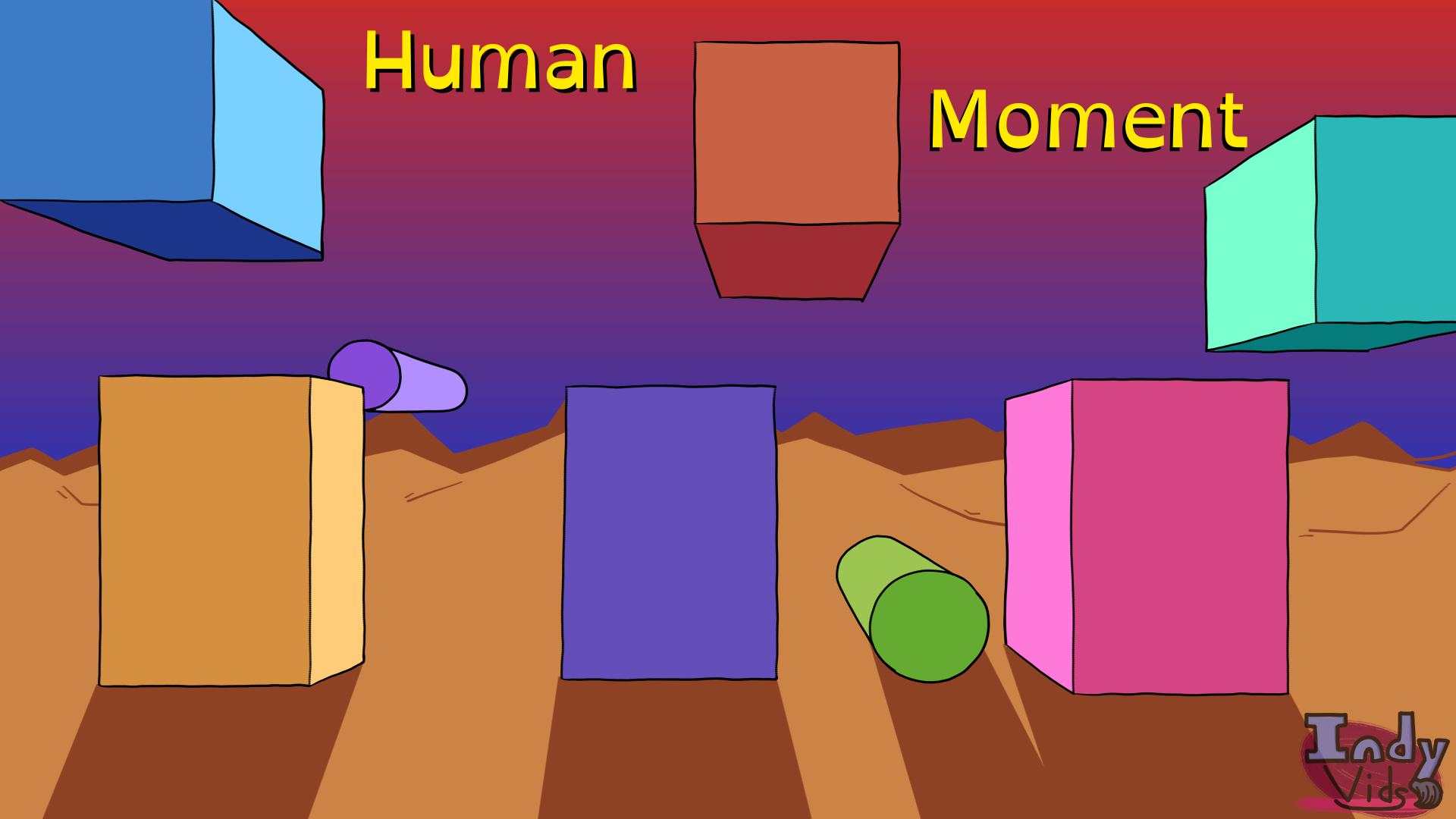 Multiple squares and cylinders in a rocky area.