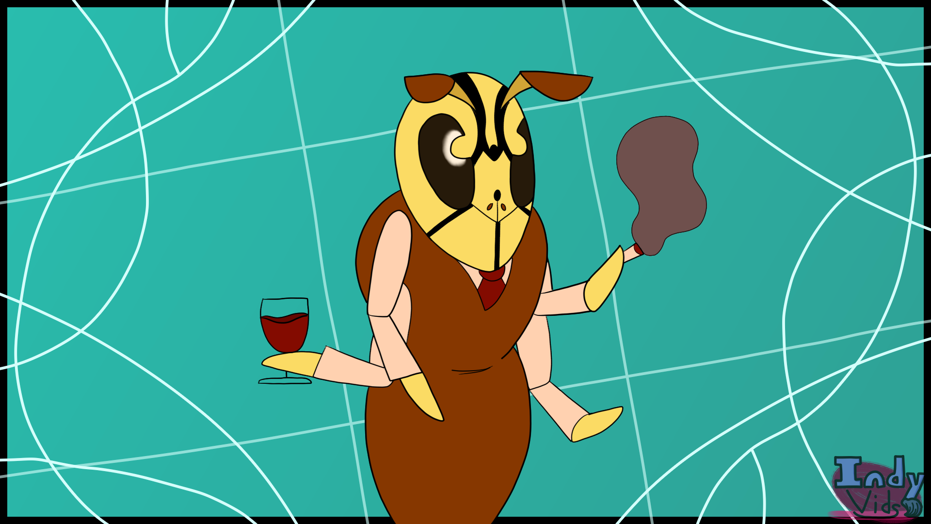 An anthropomorphic wasp holding a wine glass and cigarette.