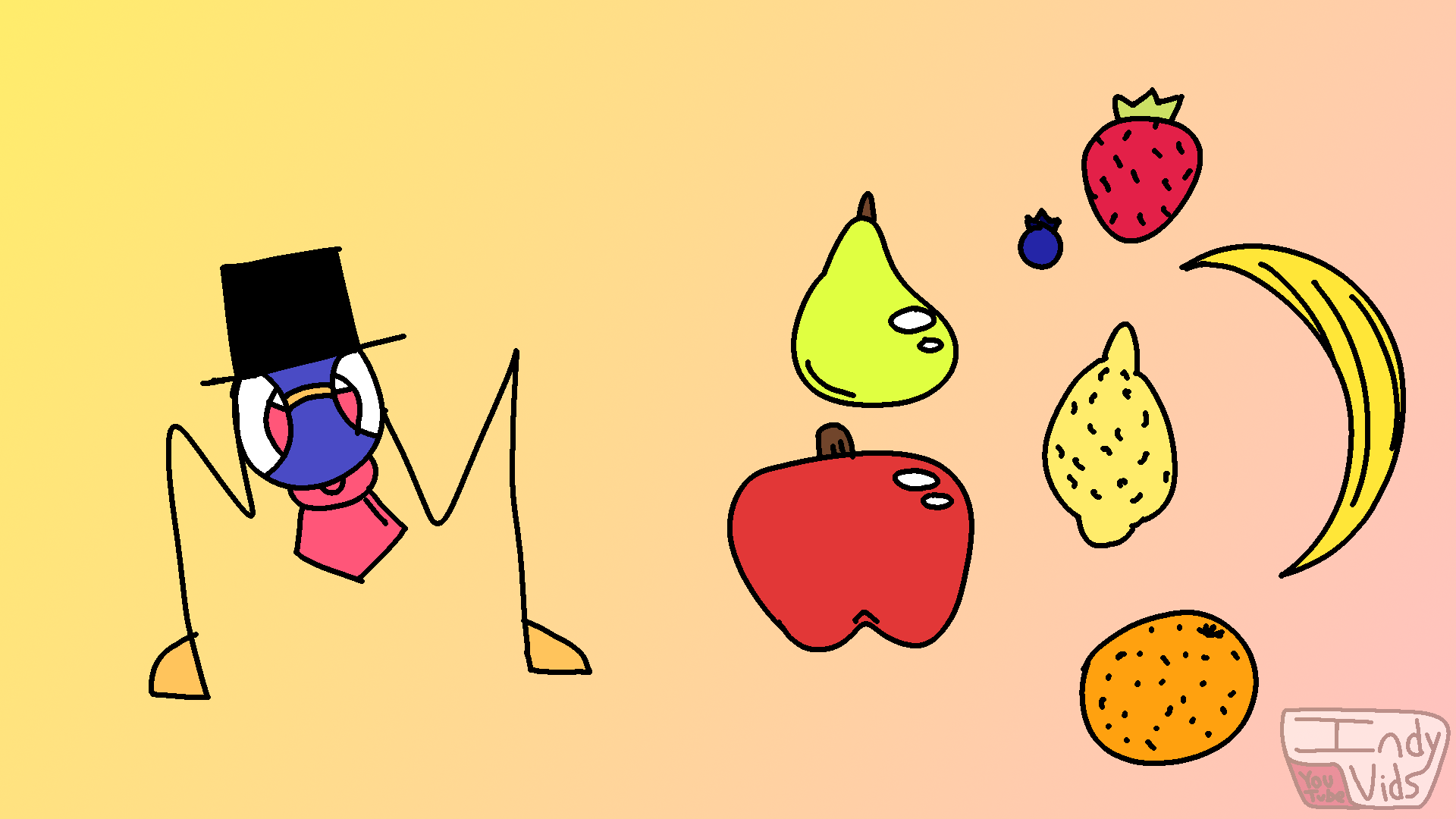 A bug-like creature with a top hat and bowtie, beside various fruits and berries.