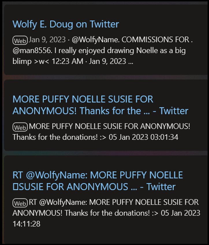 Previews of WolfyName's Tweets about a 'puffy' Noelle, as well as a Tweet of him enjoying drawing Noelle as a 'blimp.'
