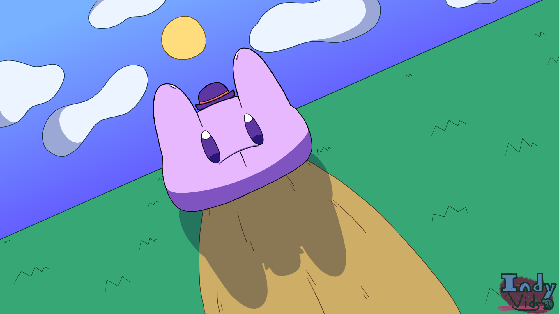 A slime-bunny hyrbid wearing a bowlder hat.