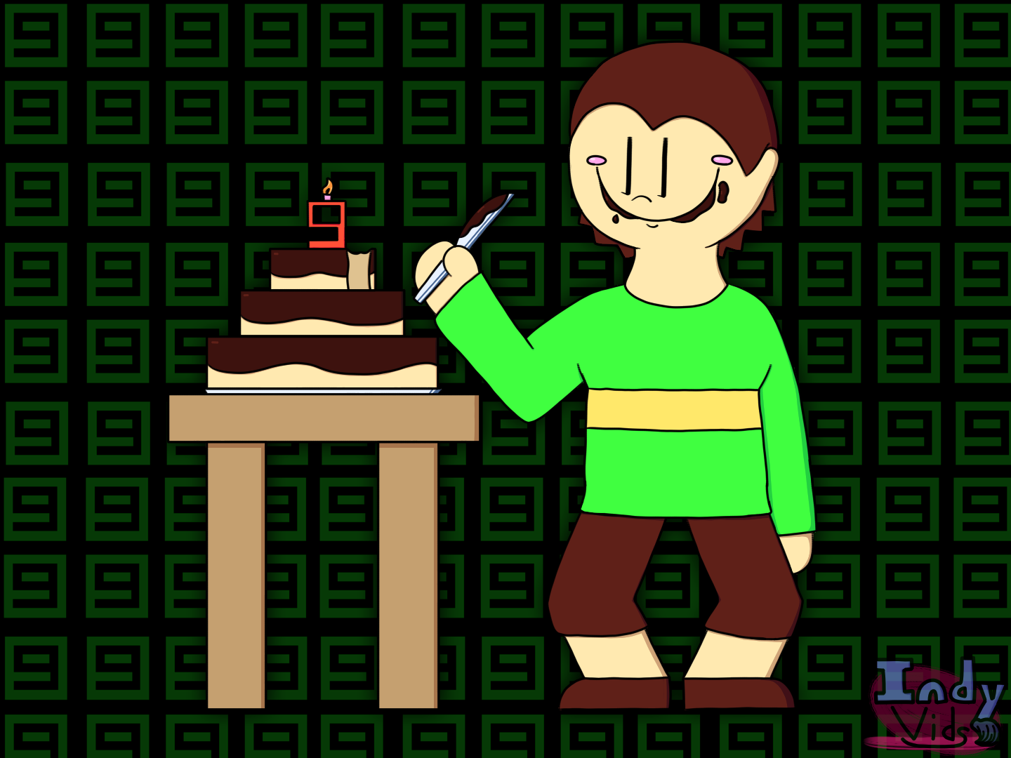 An artwork of Chara from Undertale beside a chocolate cake.