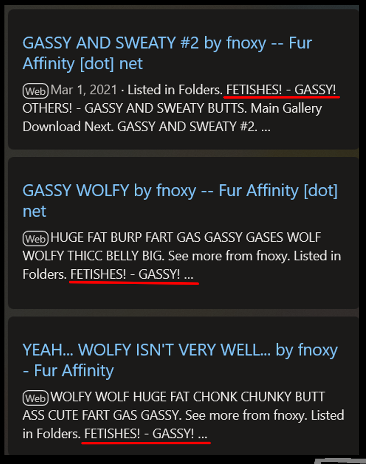 Screenshots of descriptions of Fnoxy's artworks, including tags such as 'butt,' 'fart,' and 'fat.'