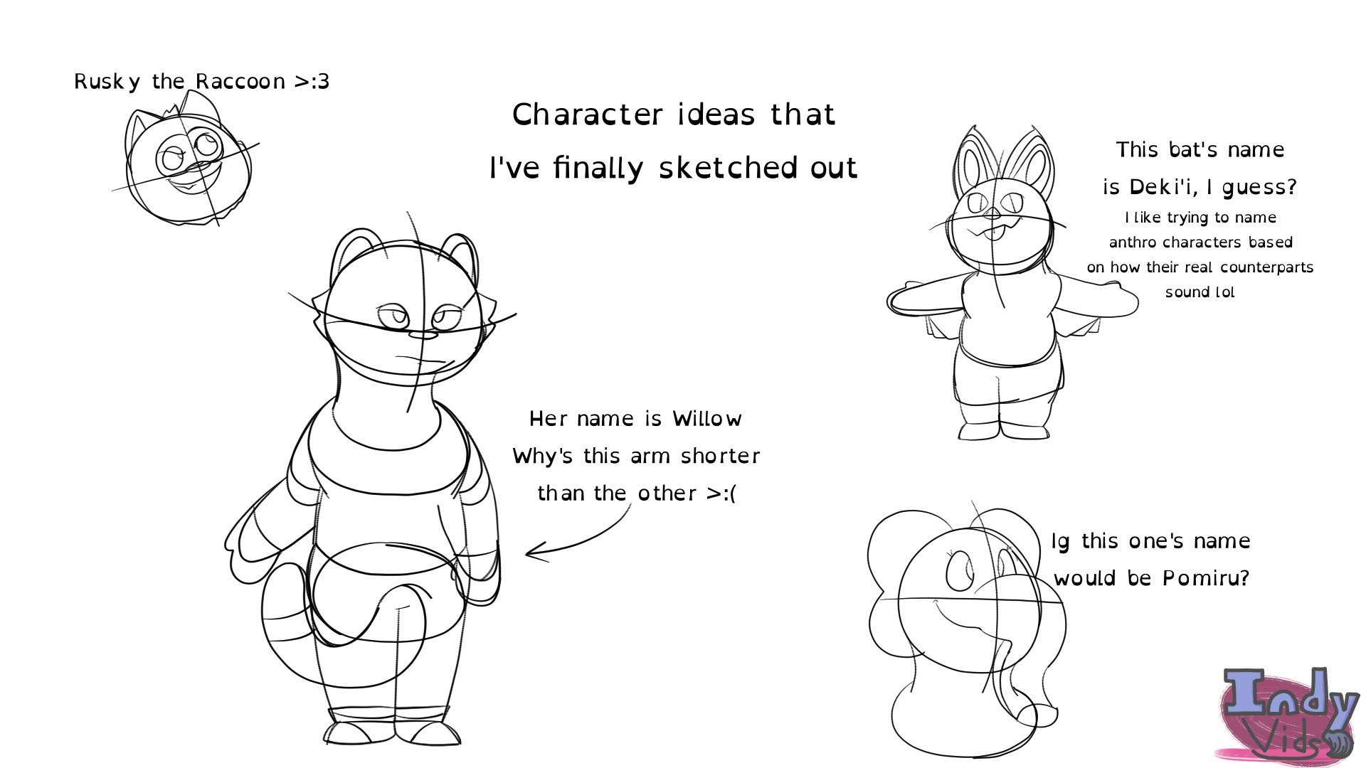 A series of sketches for various anthropomorphic animal characters.