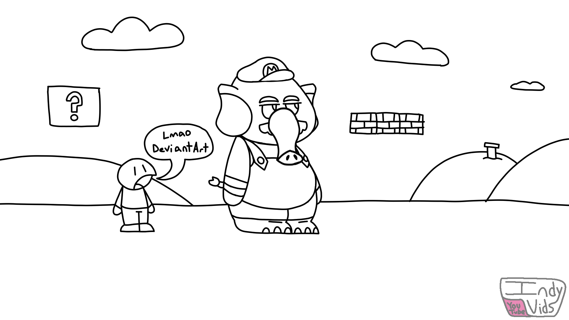 An unimpressed anthro elephant in overalls, standing beside a short man saying, 'lmao DeviantArt.'
